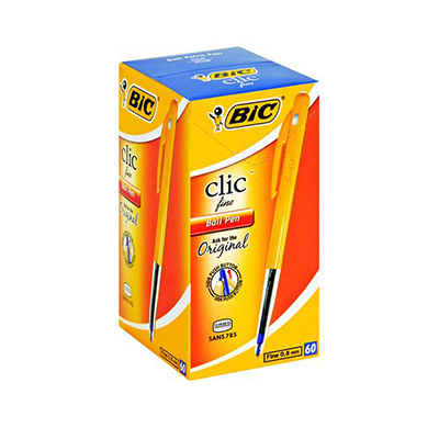 BIC CLIC FINE/MEDIUM BLUE BALLPOINT PENS (BOX OF 60)